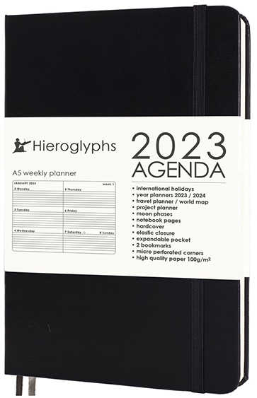 agenda 2023 a5 weekagenda 1 week op 2 pagina's weeknummers elastiek hardcover harde kaft weekoverzicht klassieke zwarte bladwijzers scheurhoekjes  weeknummers
